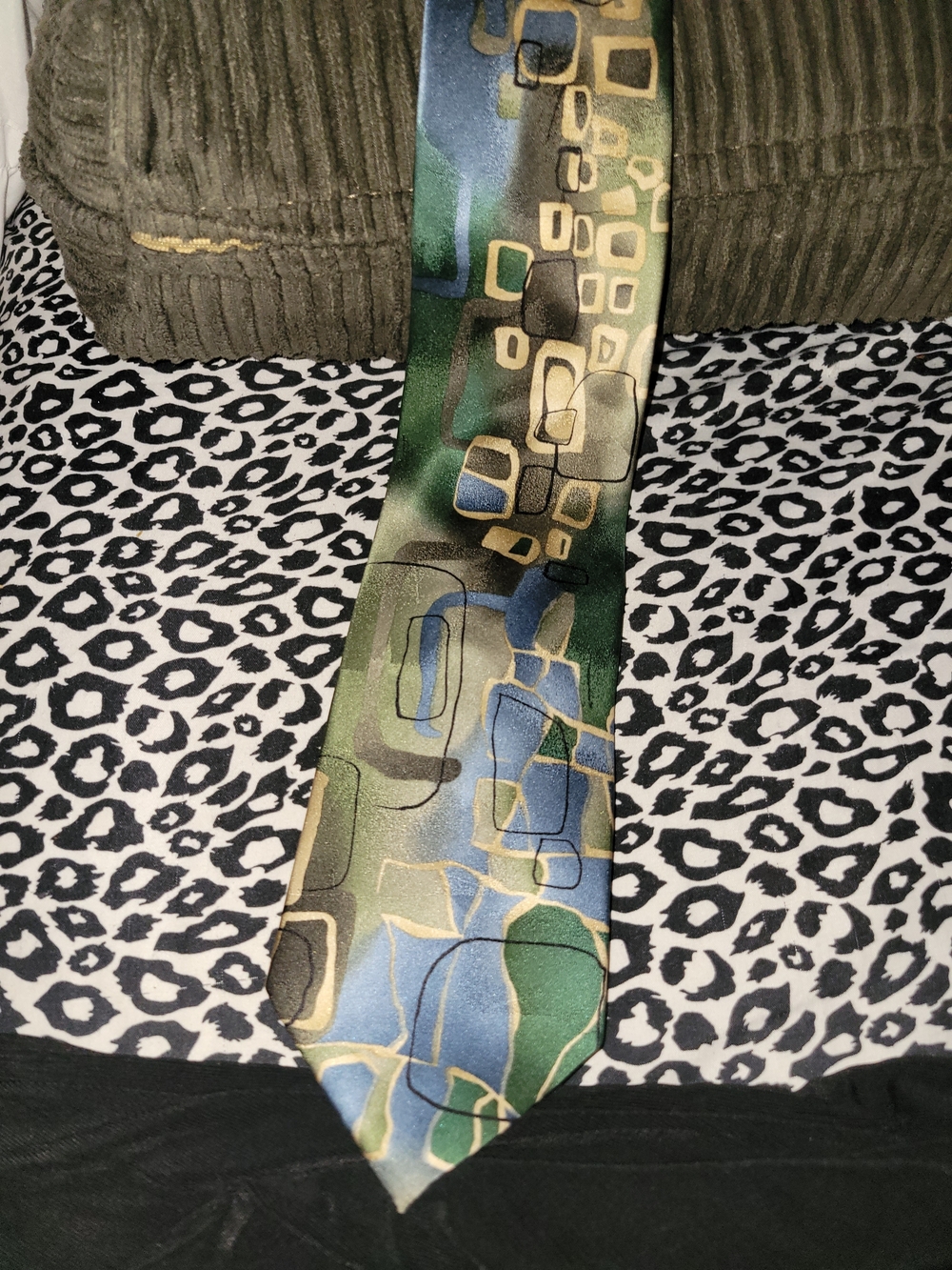 J. Garcia Green, Blue & Gold Abstract Geometric Silk Tie
